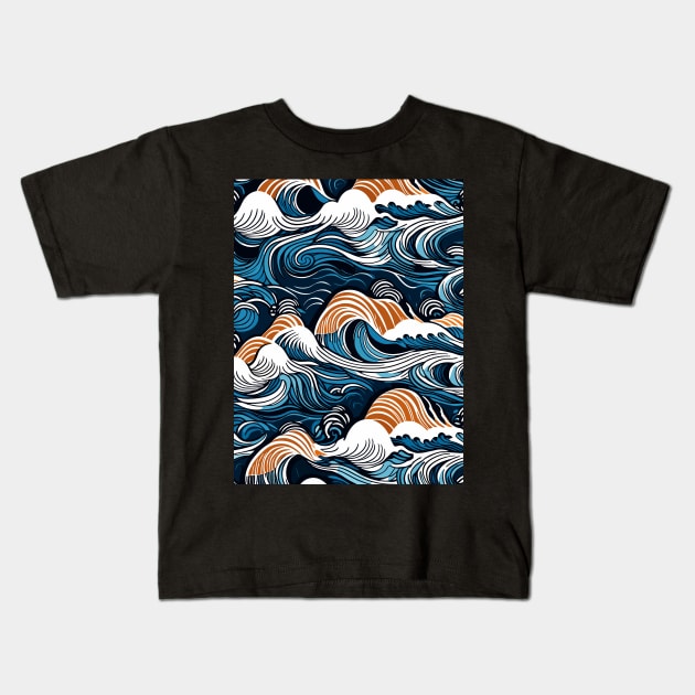 Kanagawa Wave Pattern Kids T-Shirt by Ikibrai